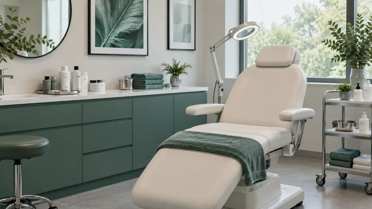 Sade ve aydınlık bir dermatoloji danışma odasında muayene koltuğunun yanında temiz bakım ekipmanlarının ve kapalı bakım kaplarının bulunduğu sakin profesyonel ortam.