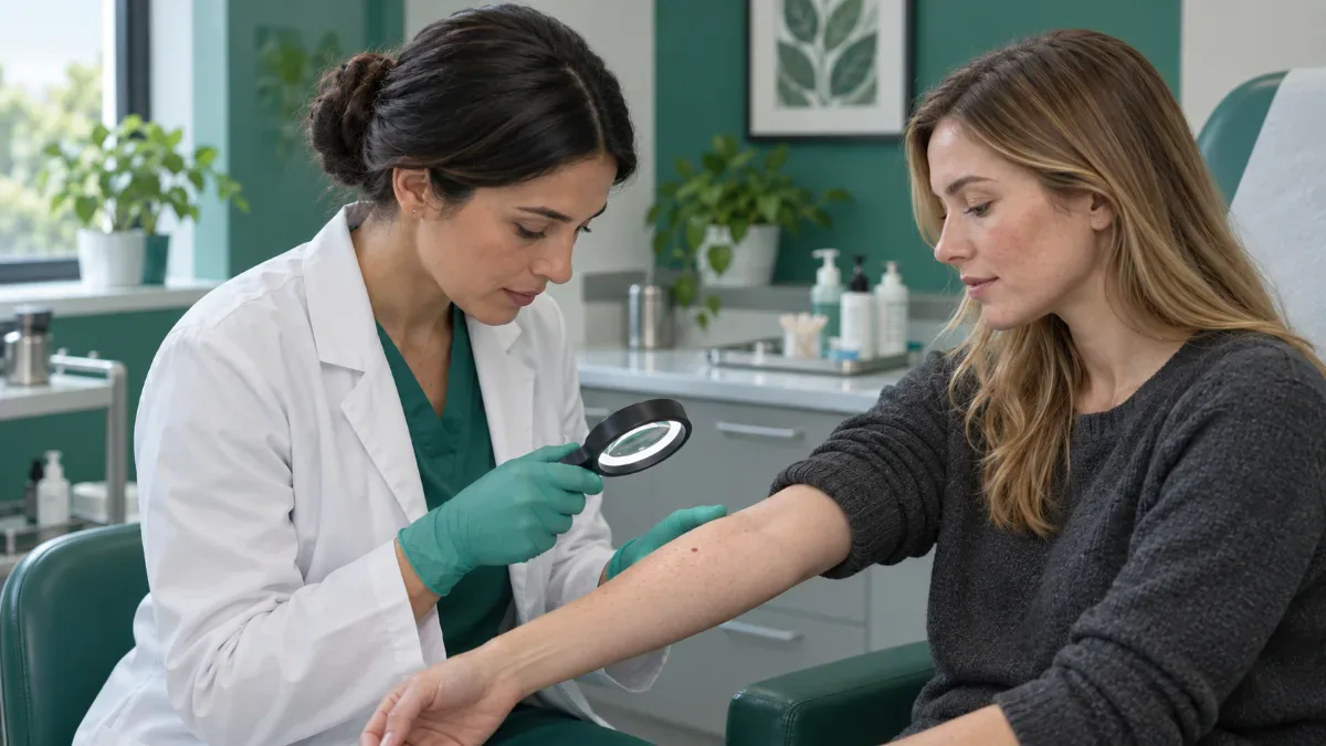 Dermatoloğun iyi aydınlatılmış muayene odasında hastanın kolundaki deri değişikliğini yakından değerlendirdiği klinik sahne
