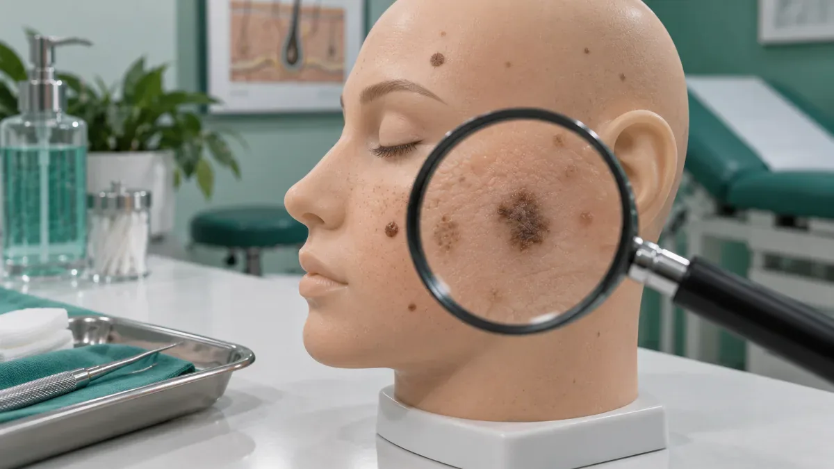 Nötr bir yüz maketi üzerinde burun, yanak, kulak ve alın bölgelerini inceleyen dermatoloji büyüteci yandan açıyla görülür.