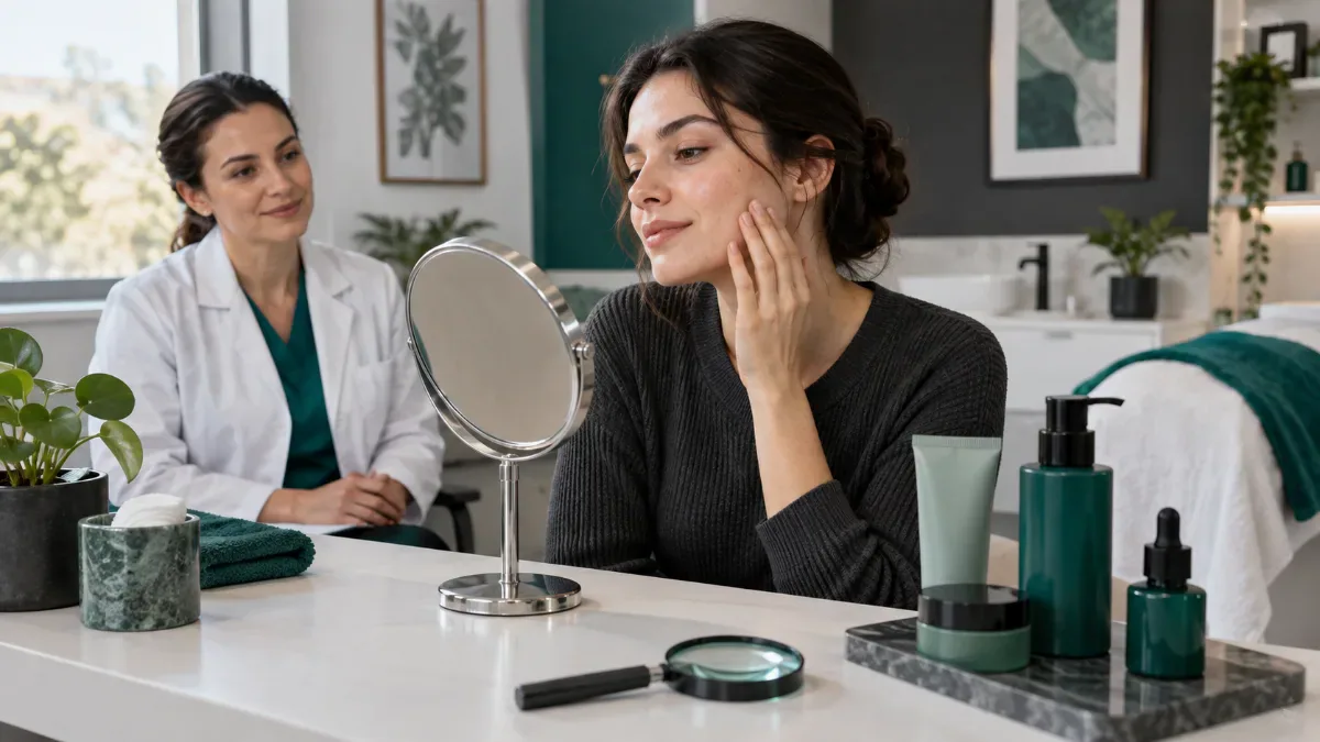 Bir dermatoloji danışma odasında aynaya bakan kişinin yanında büyüteç ve sade cilt bakım kaplarının bulunduğu sakin masa üstü düzeni