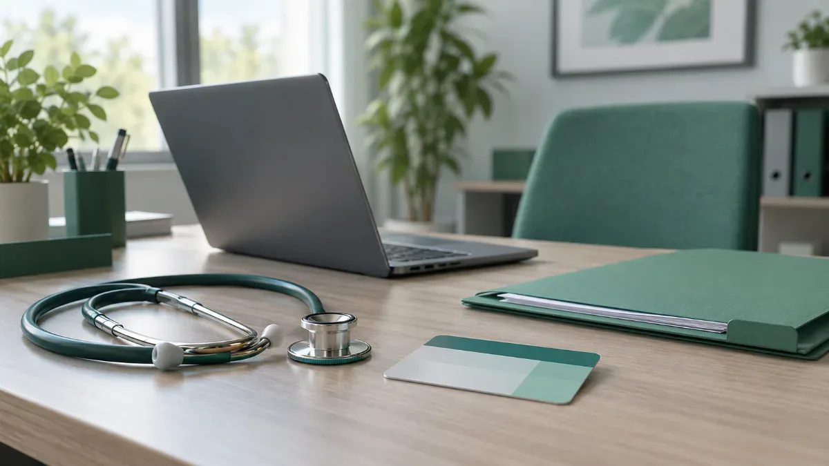 Bir masa üzerinde stetoskop, kimlik kartı biçiminde sade bir sağlık kartı, dosya klasörü ve bilgisayar bulunan sakin bir sosyal güvenlik danışma sahnesi