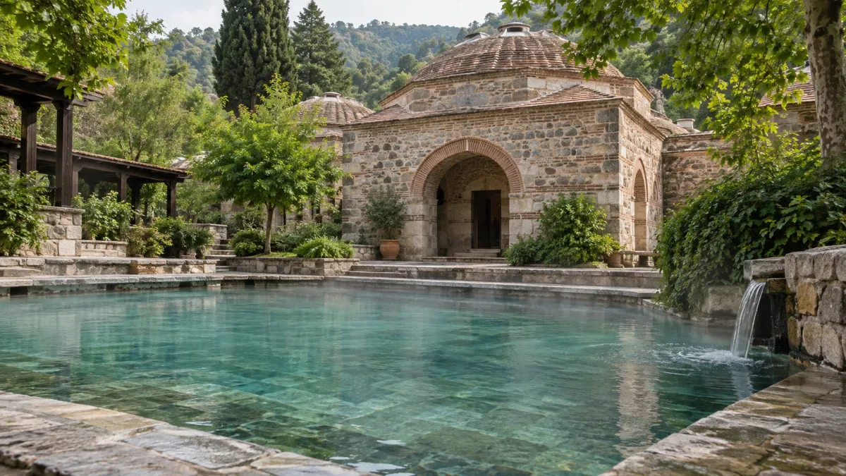 Taş ve tuğla tonozlu tarihi ılıca yapısının yanında termal havuz ve yeşil peyzajın görüldüğü sakin bir genel görünüm.