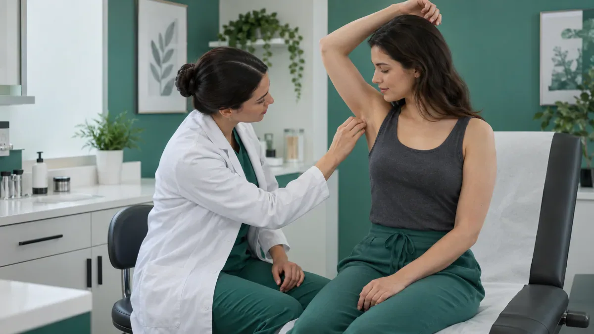 Dermatoloji odasında hekim, hastanın koltuk altındaki tekrarlayan cilt yakınmasını inceliyor