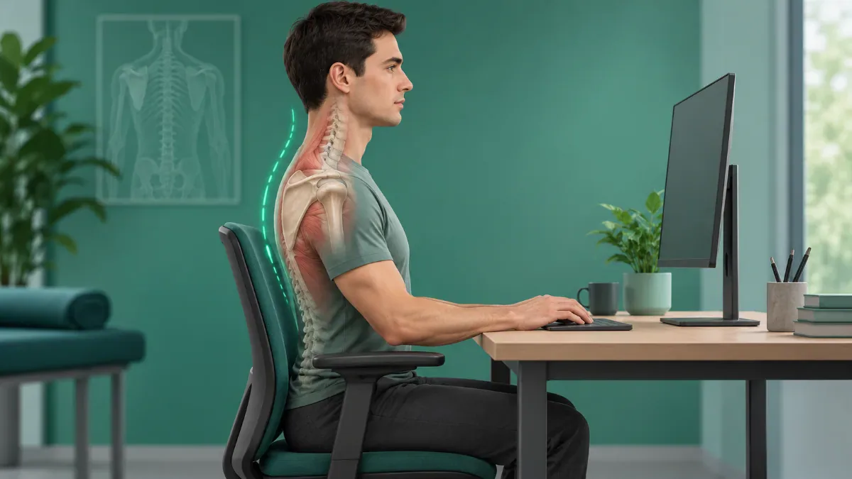 Masa başında oturan bir kişinin nötr yandan görünümü ile boyun omuz ve kürek kemiği hizasını gösteren sade ergonomi sahnesi.