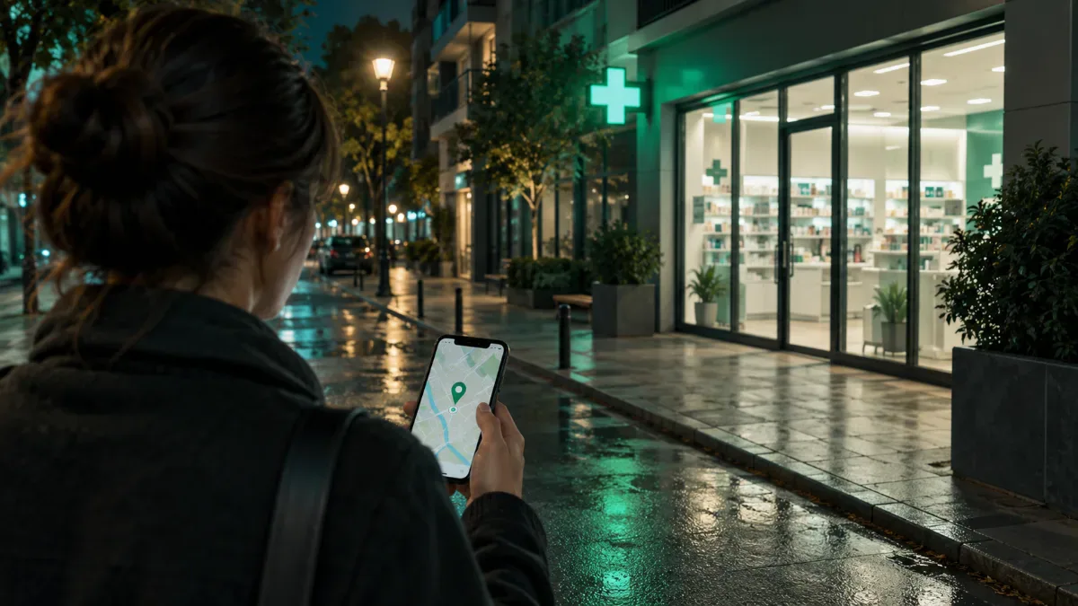 Gece aydınlatılmış sakin bir şehir sokağında telefon ekranındaki yazısız konum işaretine bakarak eczaneye yönelen bir kişinin omuz hizasından görünümü