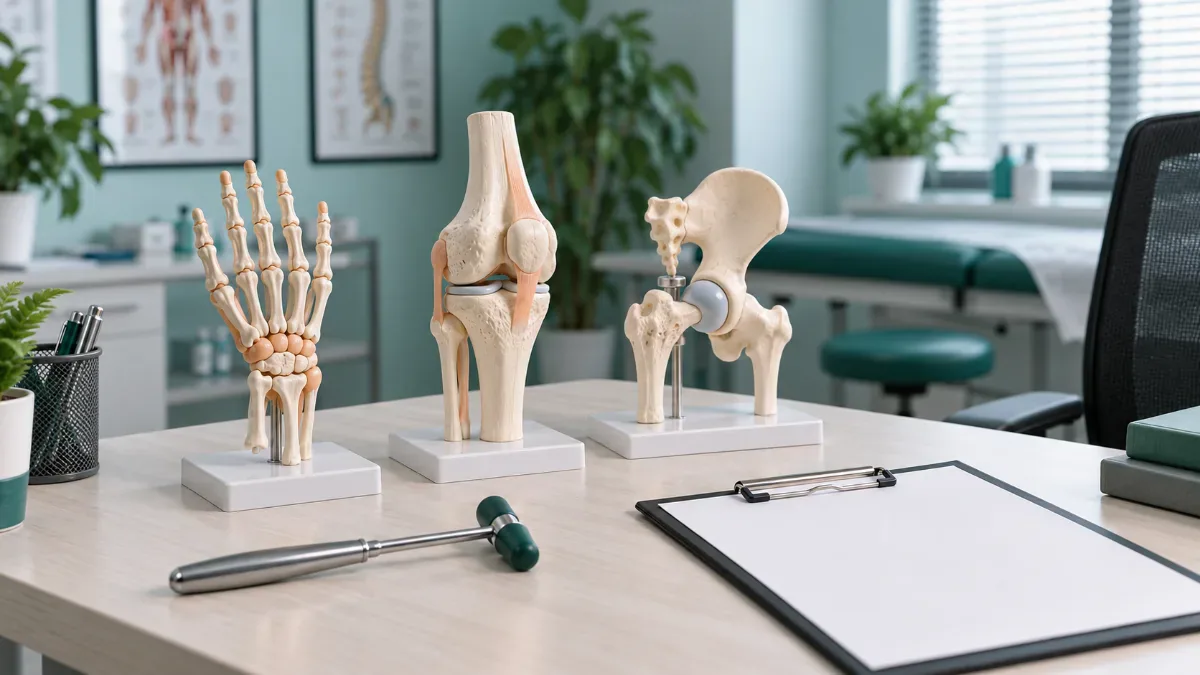 Bir çalışma masasında farklı eklem modelleri yanında sade bir muayene çekici ve boş not kağıdı bulunan klinik değerlendirme sahnesi yer alıyor.