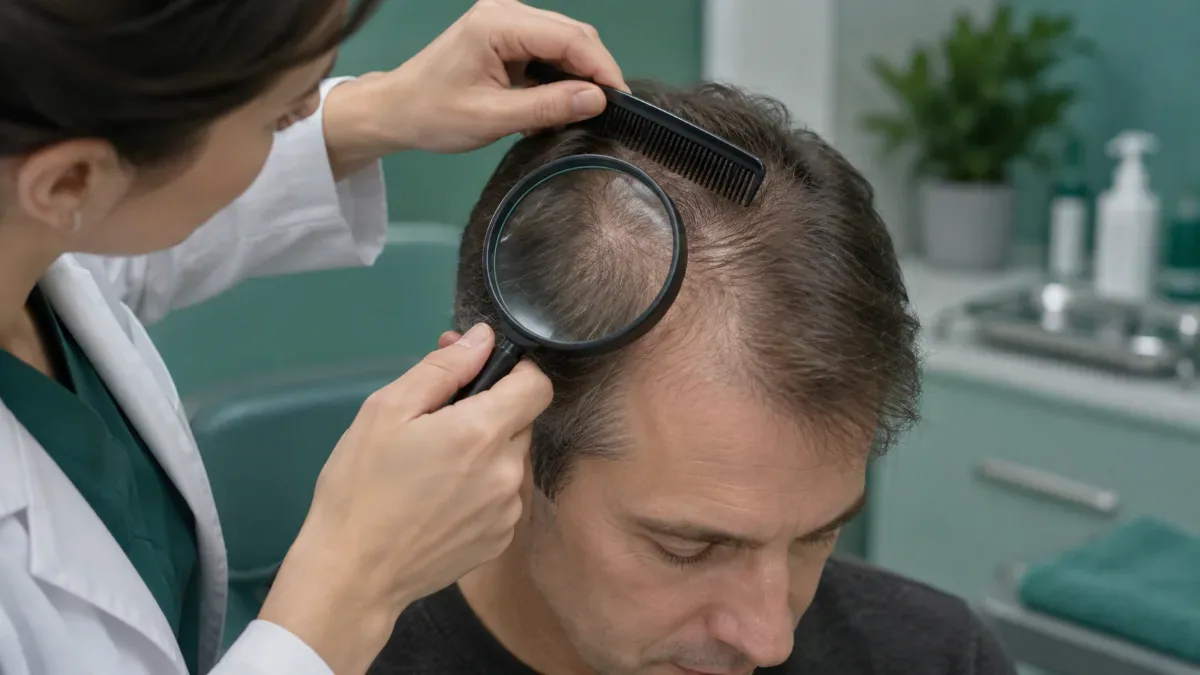 Bir dermatoloji muayene ortamında saçlı deriyi farklı bölgelerden inceleyen elde büyüteç ve tarak bulunan sakin yakın plan sahne.
