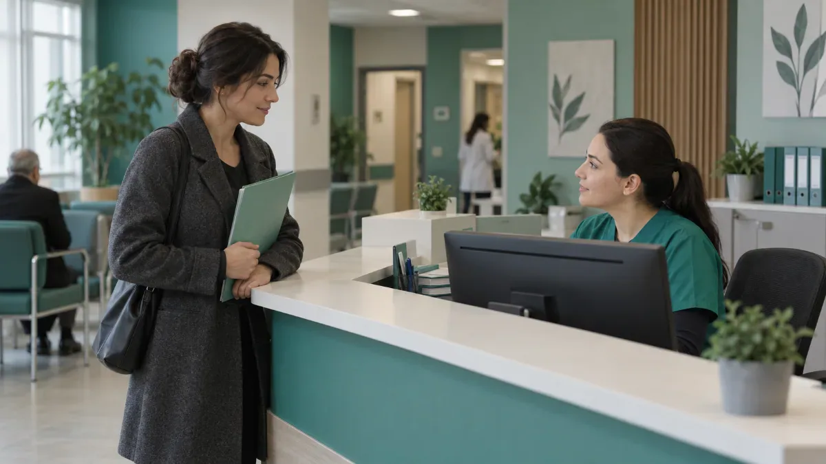 Sade bir aile sağlığı merkezi danışma alanında dosya taşıyan bir kişinin sağlık çalışanıyla görüşmesini gösteren gerçekçi ve nötr bir sahne