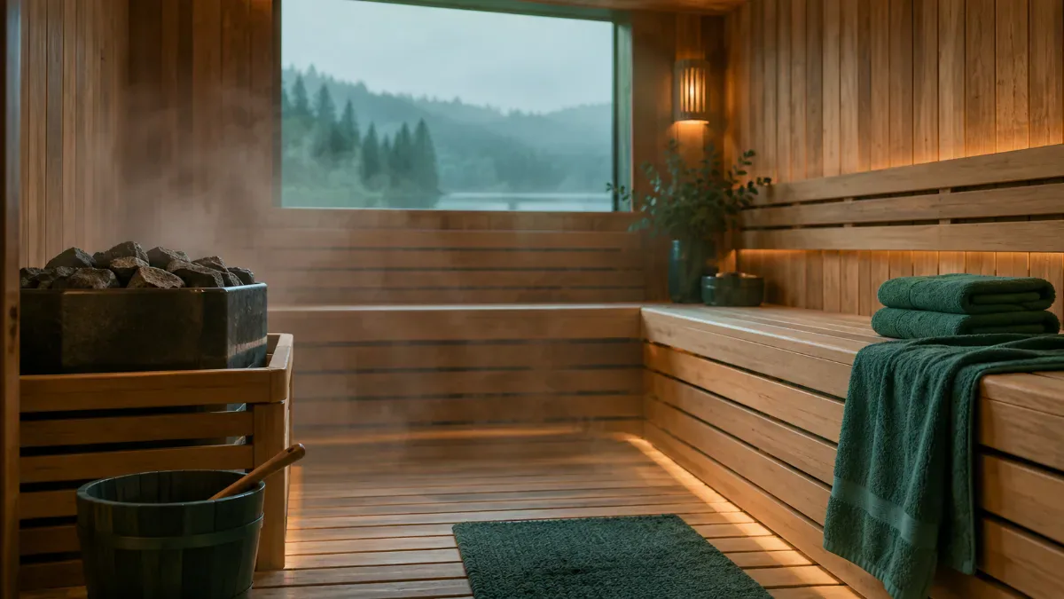 Ahşap kaplı sade bir sauna odasında taşlı ısıtıcı, katlanmış havlular ve yumuşak buharın görüldüğü geniş açılı sakin bir iç mekân sahnesi.