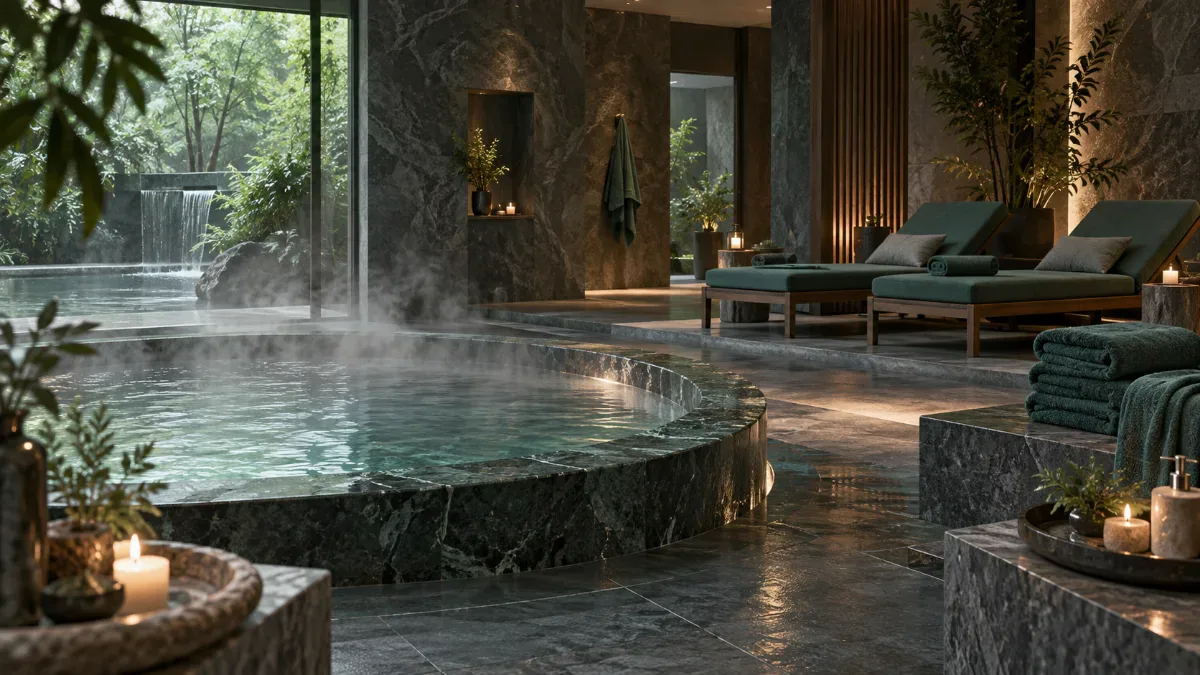 Doğal taş yüzeyli sakin bir spa alanında buhar yükselen küçük bir sıcak su havuzu, katlanmış havlular ve dinlenme koltukları görülüyor.
