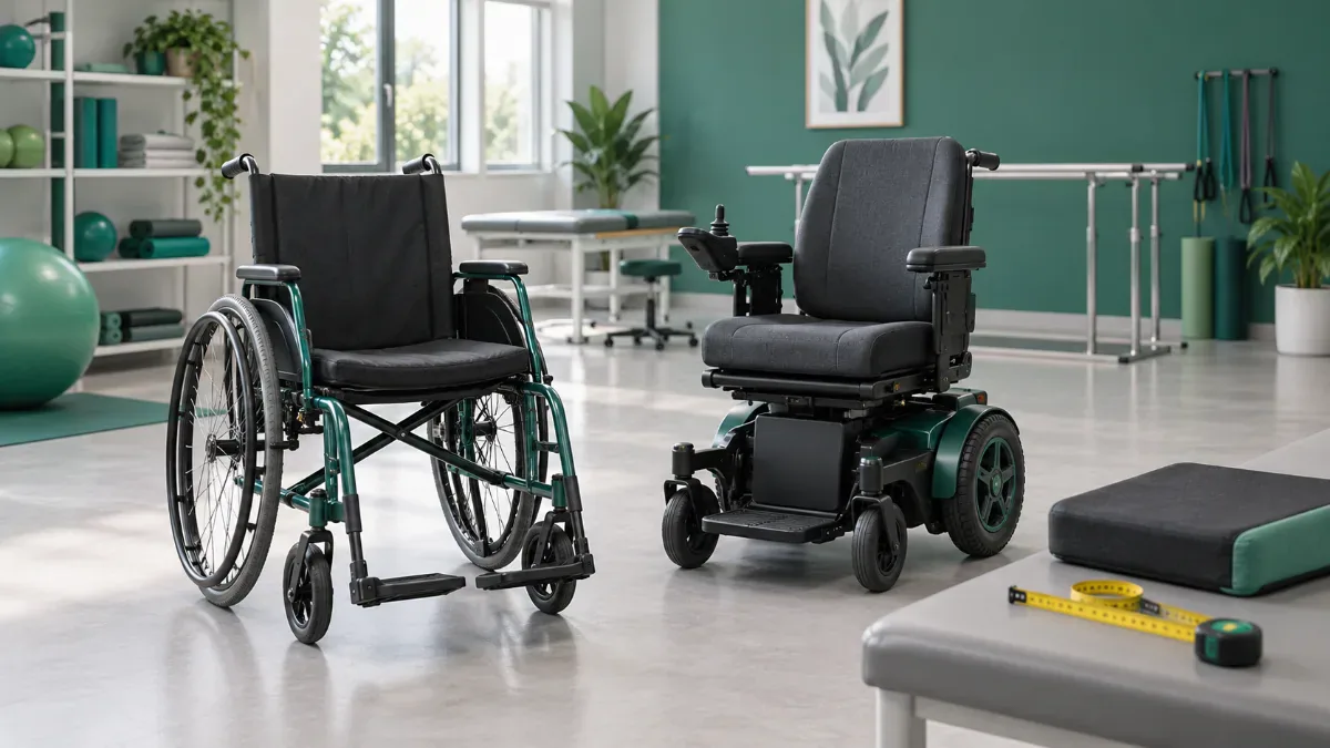 Rehabilitasyon ortamında yan yana manuel ve motorlu sandalyeler, ölçüm şeridi ve oturma minderi